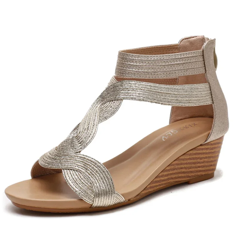 Sandales en cuir souple à talons compensés-Fermeture éclair-Taille Plus - image de produit 7