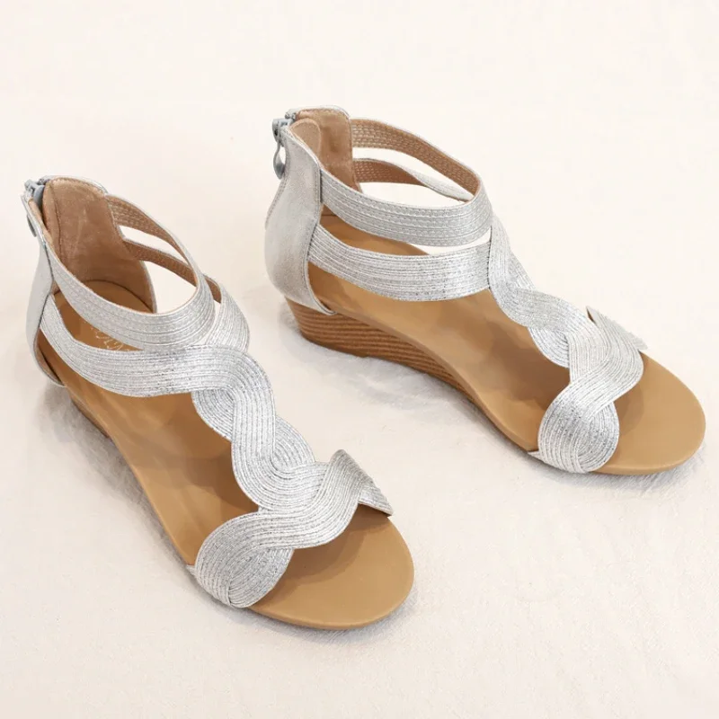 Sandales en cuir souple à talons compensés-Fermeture éclair-Taille Plus - image de produit 3