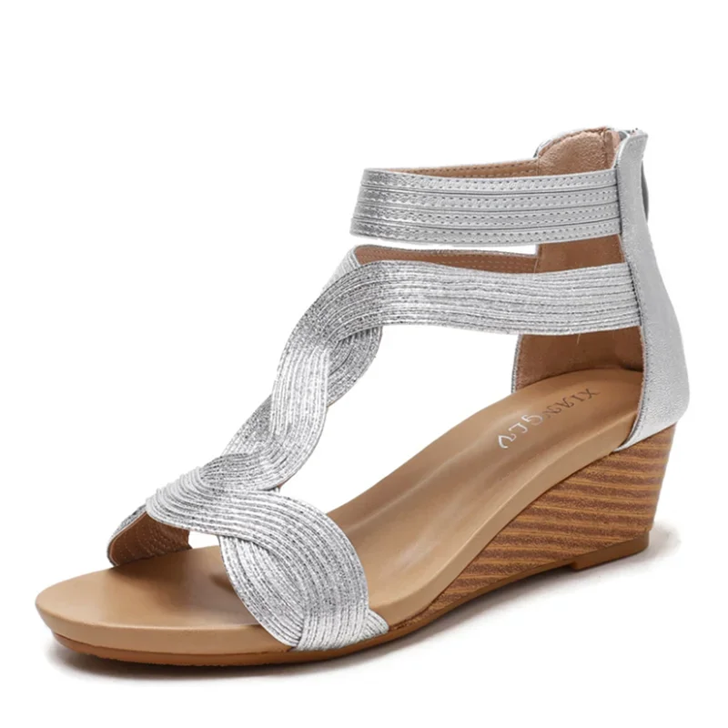 Sandales en cuir souple à talons compensés-Fermeture éclair-Taille Plus - image de produit 1