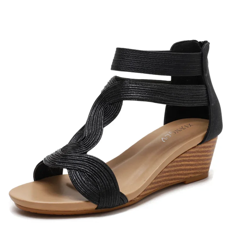 Sandales en cuir souple à talons compensés-Fermeture éclair-Taille Plus - image de produit 6
